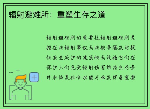 辐射避难所：重塑生存之道